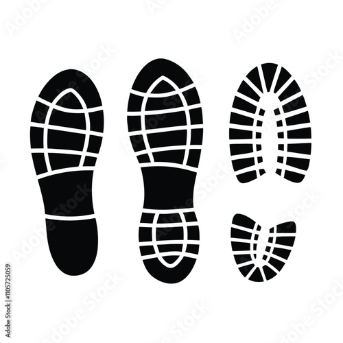 Three shoe prints are shown on a white background. The leftmost print is the largest and has a black sole