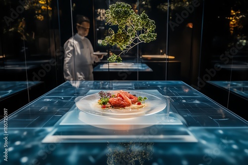 Fototapeta Naklejka Na Ścianę i Meble -  Aerial perspective of culinary artistry, futuristic technology enhancing dining, AR visuals transforming plates into stunning displays, immersive experience