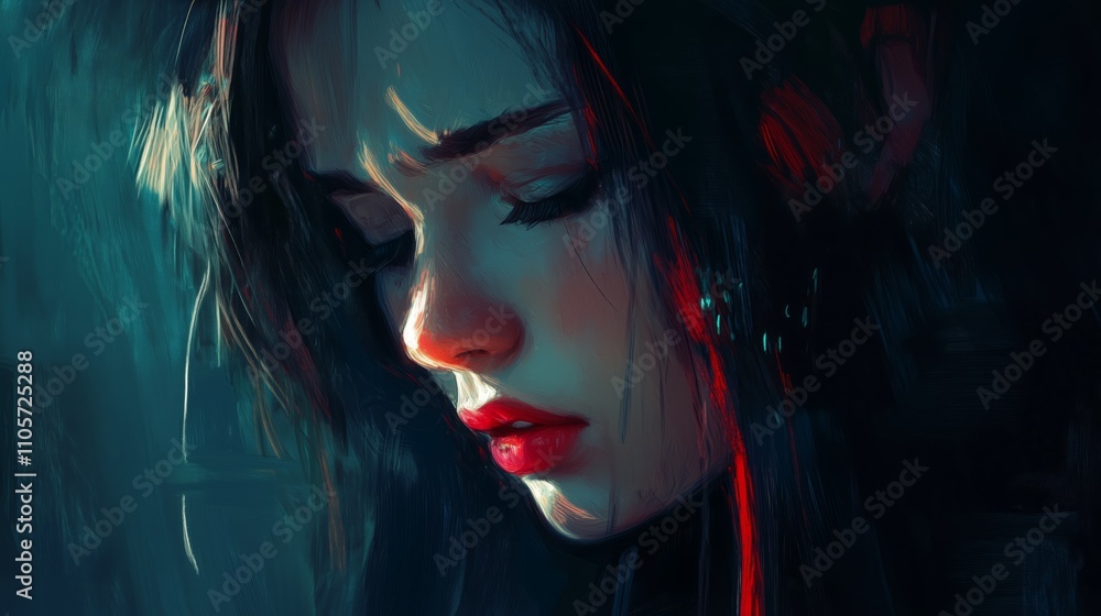 A close-up of a young woman with expressive features in a moody, artistic style captured in an atmospheric setting A close-up of a young woman with expressive features in a moody, artistic style captured in an atmospheric setting