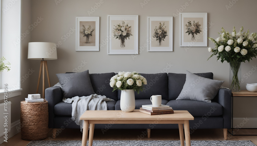 Naklejka premium A modern living room with a grey sofa against an off-white colour wall featuring poster frames in wooden frame borders 3d illustration template. Empty frame mock-up template.