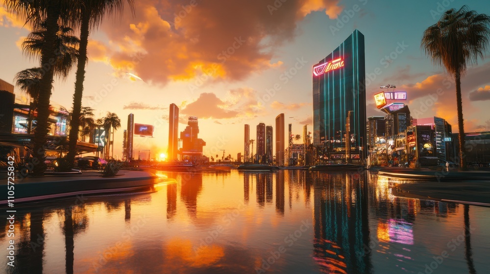 Obraz premium Vibrant Sunset Over City Skyline with Reflections in Water and Palm Trees in the Foreground, Capturing the Essence of Urban Beauty and Tranquility at Dusk