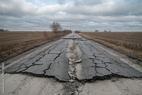 A heavily cracked and isolated road stretches out through barren fields, under a vast grey sky, conveying themes of solitude, desolation, and unyielding passage. photo