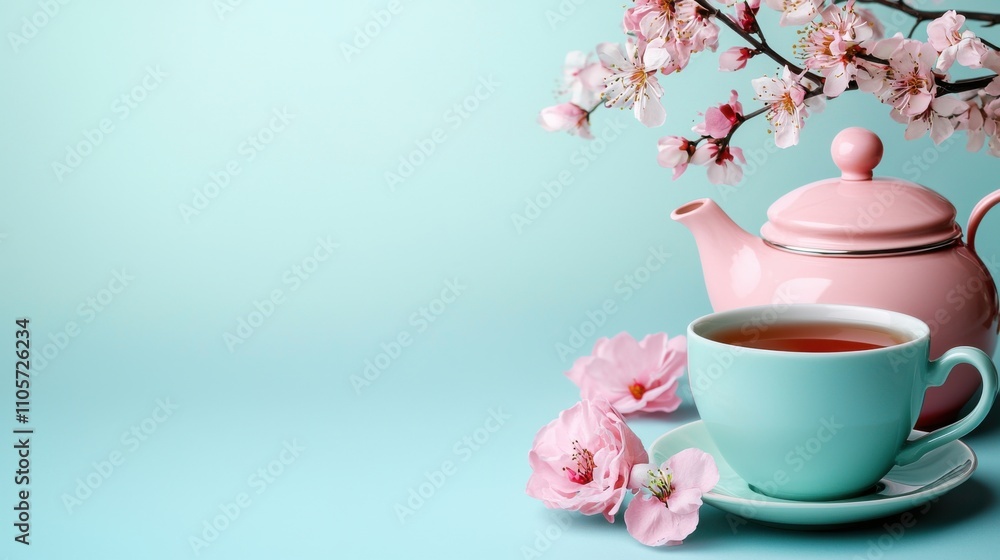 Cozy Pink Floral Teapot and Teacup on Wooden Table Surrounded by Spring Blossoms Cozy Pink Floral Teapot and Teacup on Wooden Table Surrounded by Spring Blossoms