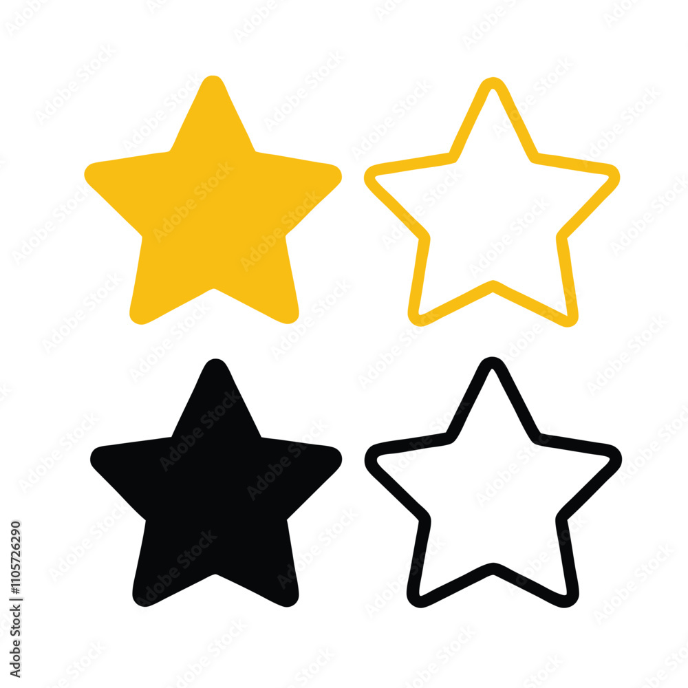 Four stars with different colors. One is yellow and black, one is white and black, one is yellow and white, and one is black and white Four stars with different colors. One is yellow and black, one is white and black, one is yellow and white, and one is black and white