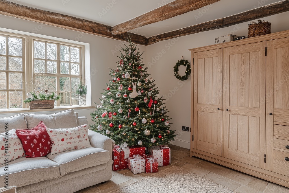 Fototapeta premium Cozy English home interior with a decorated Christmas tree in white and red, presents under the tree, a large wooden wardrobe, and modern kitchen cabinets.