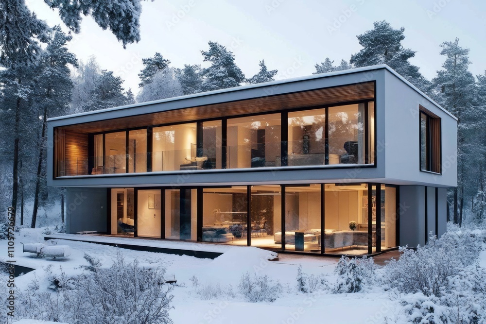 Modern Glass House Winter Forest Setting Modern Glass House Winter Forest Setting