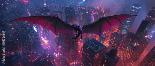 A majestic crimson dragon soars over a futuristic cityscape at night. Neon lights illuminate the towering buildings below, creating a dramatic contrast.