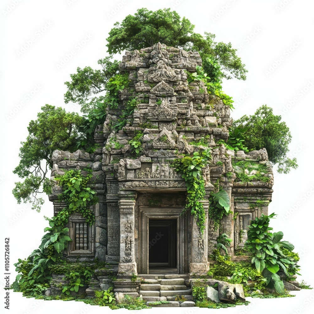 Overgrown stone temple, lush vegetation, ancient entrance. Overgrown stone temple, lush vegetation, ancient entrance.
