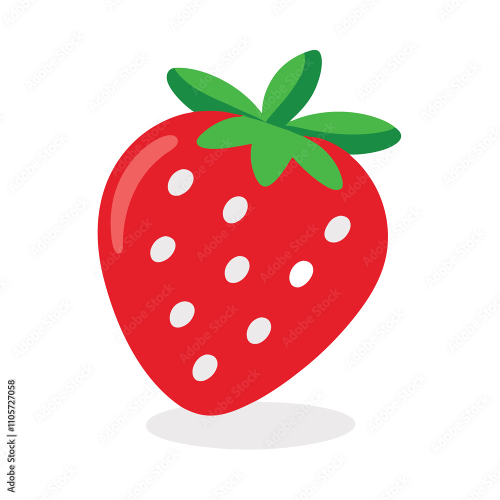 Obraz premium A red strawberry with green leaves and white dots. The strawberry is the main focus of the image
