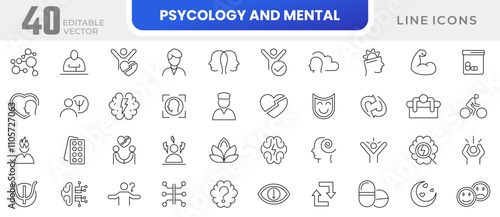 Psychology and Mental line icon set. Loved, healthy lifestyle, happiness, positive mindset, containing self-care, optimism, mindset, empathy, assertiveness, care line icon set. UI thin line icon pack.