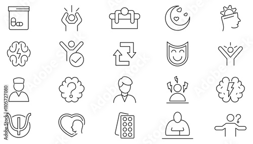 Psychology and Mental line icon set. Loved, healthy lifestyle, happiness, positive mindset, containing self-care, optimism, mindset, empathy, assertiveness, care line icon set. UI thin line icon pack.