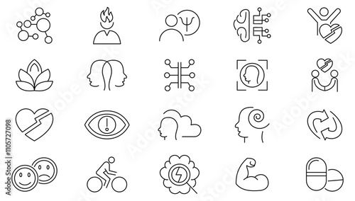Psychology and Mental line icon set. Loved, healthy lifestyle, happiness, positive mindset, containing self-care, optimism, mindset, empathy, assertiveness, care line icon set. UI thin line icon pack.