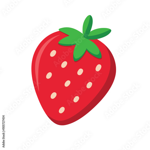 A red strawberry with green leaves and white dots. The strawberry is the main focus of the image