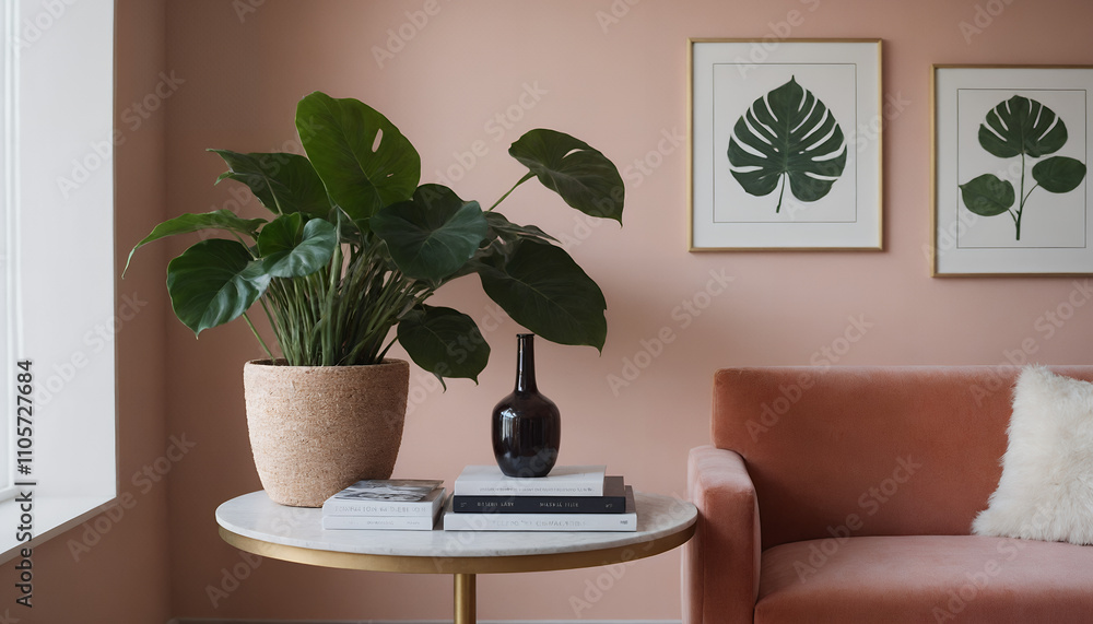 A modern living room with a pink sofa against a light colour wall featuring poster frames in wooden frame borders 3d illustration template. Empty frame mock-up template. A modern living room with a pink sofa against a light colour wall featuring poster frames in wooden frame borders 3d illustration template. Empty frame mock-up template.