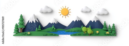 A graphic illustration of a mountain lake near a forest, featuring a daytime panorama with pine trees, river water, and a beautiful valley, designed for a game environment. The outdoor travel scene