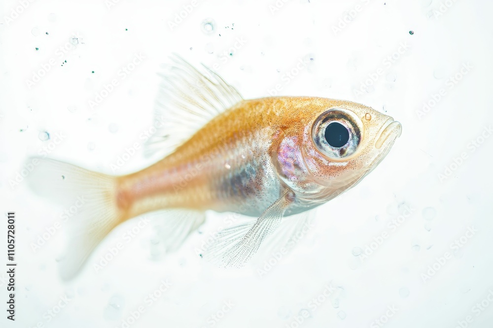 Fototapeta premium Pale orange fish swims, bubbles float.