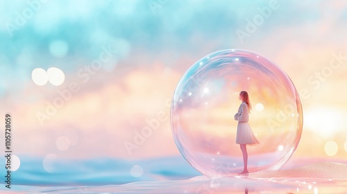 Fototapeta Naklejka Na Ścianę i Meble -  Representation of isolation, protection, personal boundaries and space, creativity. A surreal image of a young woman standing inside a glowing, iridescent bubble against a soft pastel landscape.