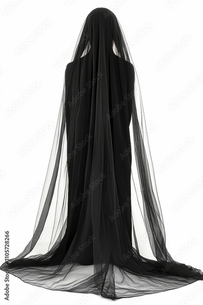 Black sheer fabric drapes mannequin, concealing form. Black sheer fabric drapes mannequin, concealing form.