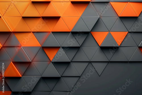 An abstract geometric pattern featuring a three-dimensional arrangement of orange and gray triangular shapes with sharp textures and shadows