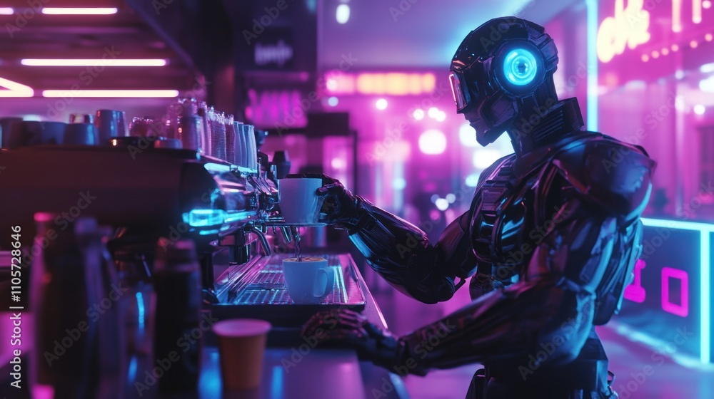 Futuristic Robot Barista Preparing Coffee in Neon-Lit Cafe with Modern Decor and Vibrant Colors in a High-Tech Urban Setting Futuristic Robot Barista Preparing Coffee in Neon-Lit Cafe with Modern Decor and Vibrant Colors in a High-Tech Urban Setting