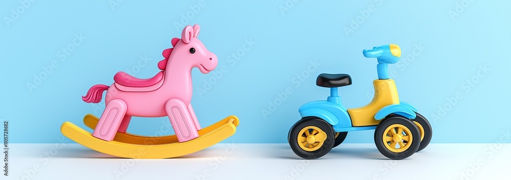 A 3D illustration of a rocking horse toy and a tricycle. This isolated PNG set includes a kid's wheel bike and an animal swing game made of plastic. Perfect for playground and recreational use by A 3D illustration of a rocking horse toy and a tricycle. This isolated PNG set includes a kid's wheel bike and an animal swing game made of plastic. Perfect for playground and recreational use by