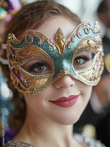 Colorful Mardi Gras mask arrangement, whimsical bohemian style, metallic and glitter materials, top view focus, with lively jazz band background. photo