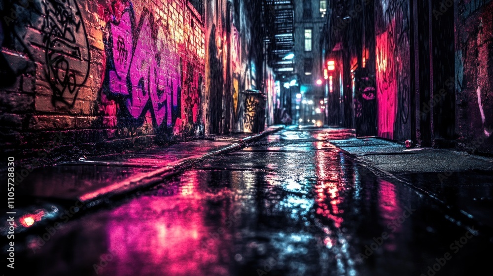 Naklejka premium Urban Alleyway at Night Reflecting Colorful Graffiti and Wet Streets with Neon Lights Illuminating the Darkened Environment in a Cityscape