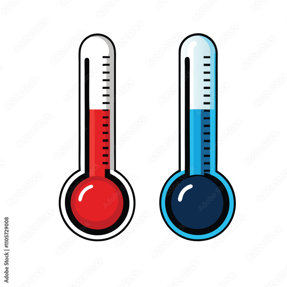 Two thermometers with red and blue liquid in them. One is red and the other is blue Two thermometers with red and blue liquid in them. One is red and the other is blue
