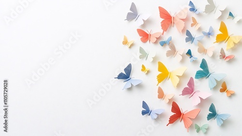 Colorful paper butterflies arranged on a white background.