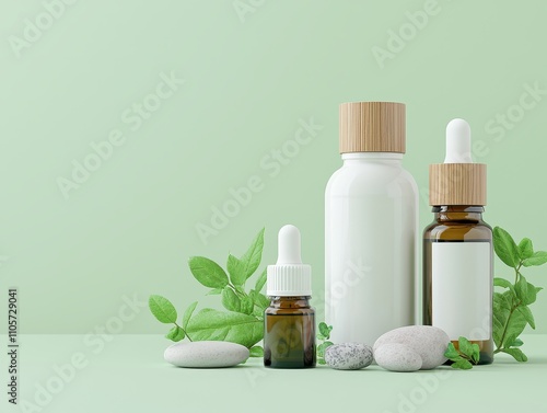 Minimalist arrangement of skincare bottles with wooden caps, surrounded by fresh green leaves and smooth stones on a light green background.