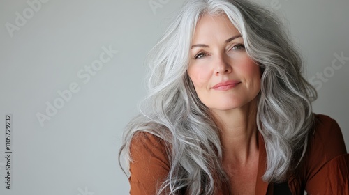 Beautiful mature woman with flowing gray hair, soft lighting accentuating her features, isolated on white photo