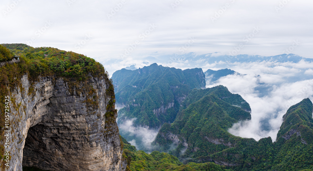 Beautiful nature landscape with mist at Tianmen Shan national park, The famous tourist destination at Zhangjiajie Beautiful nature landscape with mist at Tianmen Shan national park, The famous tourist destination at Zhangjiajie