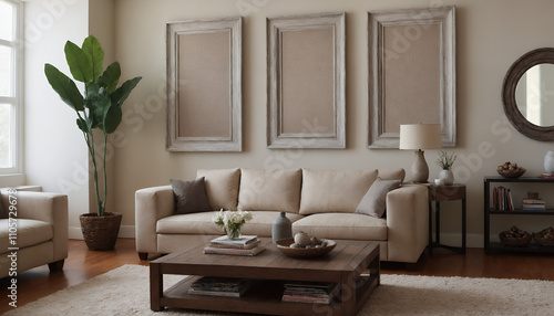 Fototapeta Naklejka Na Ścianę i Meble -  A modern living room with an off-white sofa against an off-white colour wall featuring poster frames in wooden frame borders 3d illustration template. Empty frame mock-up template.