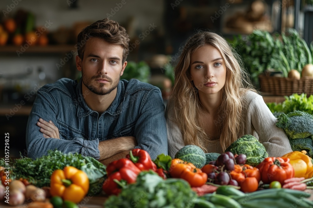 Couple showcasing fresh farm produce in a rustic kitchen setting Couple showcasing fresh farm produce in a rustic kitchen setting