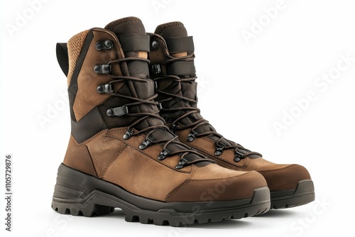 Brown leather boots, sturdy soles, lace-up.