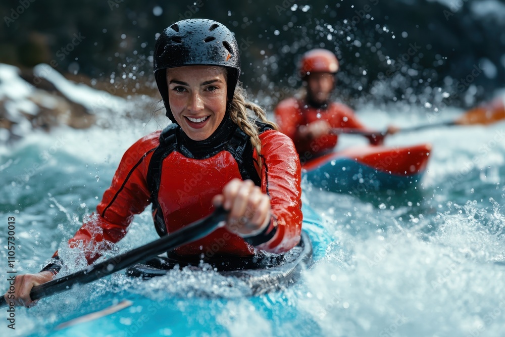 Naklejka premium Exciting kayaking adventure on turbulent river waters with smiling participants