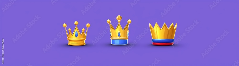 A series of modern cartoon illustrations of a gold crown icon for game UI level rank design, illustrating different states and progress steps like a broken dirty crown, a simple yellow one, and one A series of modern cartoon illustrations of a gold crown icon for game UI level rank design, illustrating different states and progress steps like a broken dirty crown, a simple yellow one, and one