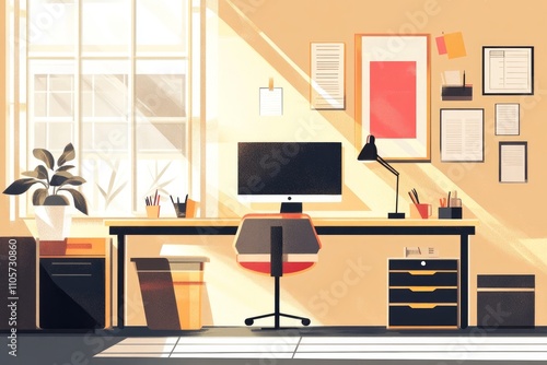 Wallpaper Mural Home office workspace concept.Computer, lamp and plant on desk. Modern flat illustration.  Torontodigital.ca