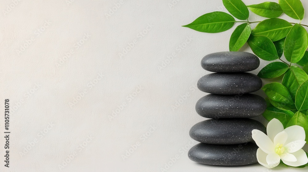 Obraz premium Zen Garden with Stacked Stones and Greenery on White Background