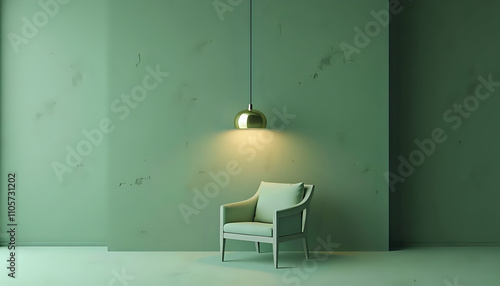 an empty room with green walls and a green chair