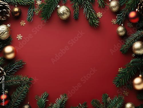 Christmas and New Year decorations on red background. Top view, plenty of copy space.