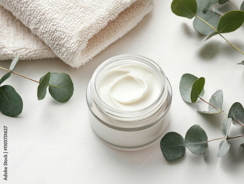 A jar of white moisturizing cream surrounded by fresh eucalyptus leaves and a soft beige towel on a clean surface. A jar of white moisturizing cream surrounded by fresh eucalyptus leaves and a soft beige towel on a clean surface.