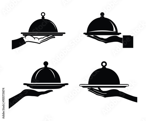Hand holding a cloche with a hot food icon set isolated on white background.