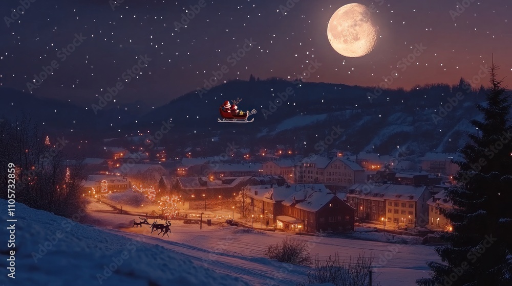 Magical Winter Night Scene with Snowfall, Full Moon, Santa Claus in Sleigh, and Festively Lit Town Surrounded by Snow-Covered Hills Magical Winter Night Scene with Snowfall, Full Moon, Santa Claus in Sleigh, and Festively Lit Town Surrounded by Snow-Covered Hills