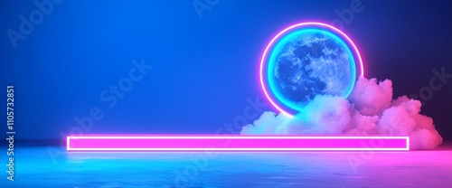 A background with a retro synthwave theme, showcasing an abstract grid mountain landscape under a blue glowing full moon. This realistic 3D modern illustration depicts an abstract retrowave surface,