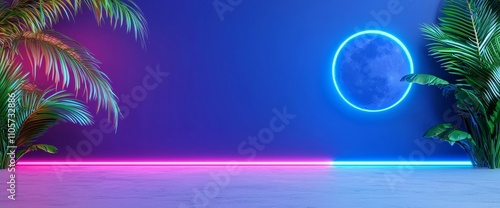 A retro synthwave background featuring an abstract grid mountain landscape with a blue glowing full moon in the sky. A realistic 3D modern illustration of an abstract retrowave surface, perfect for