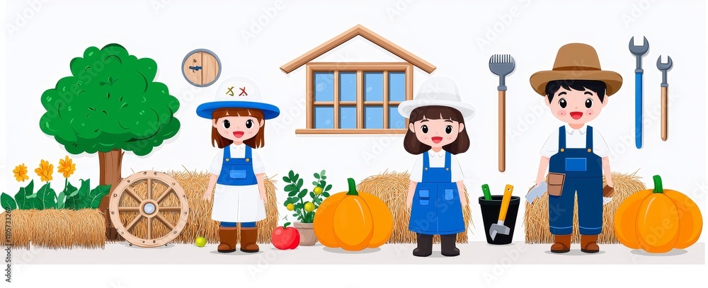 A man and woman in a farmhouse with wooden walls and an open gate, surrounded by hay, agricultural tools, pumpkins, and apples in a chest. A man and woman in a farmhouse with wooden walls and an open gate, surrounded by hay, agricultural tools, pumpkins, and apples in a chest.
