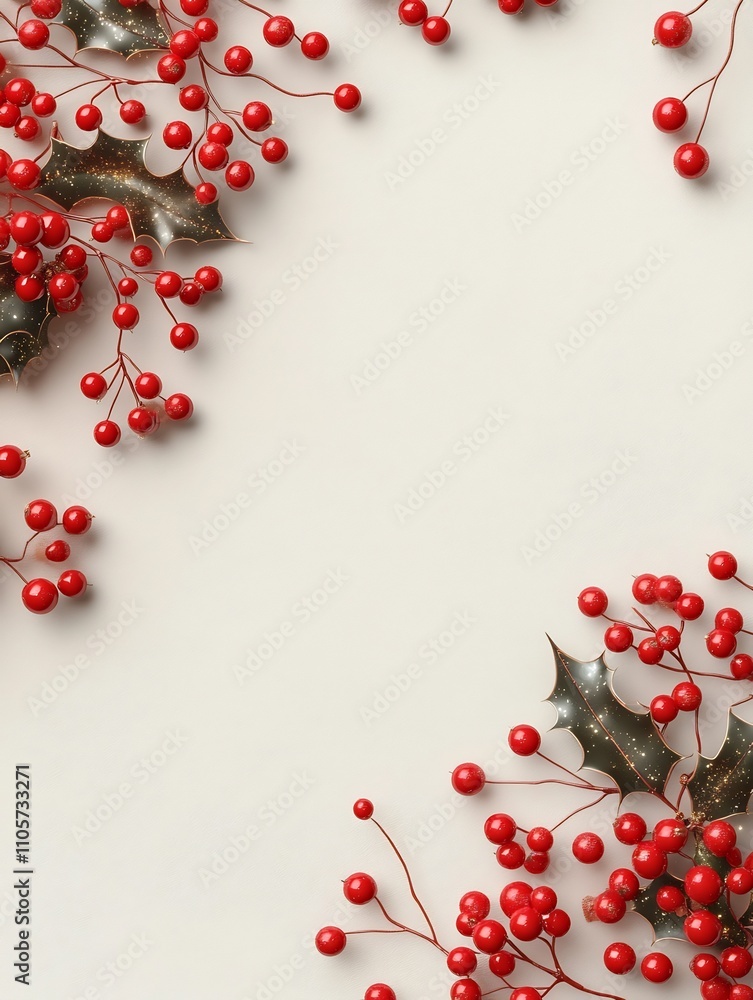 Festive Red Berries and Holly Leaves with Sparkly Accents on Holiday Background with Copyspace Festive Red Berries and Holly Leaves with Sparkly Accents on Holiday Background with Copyspace