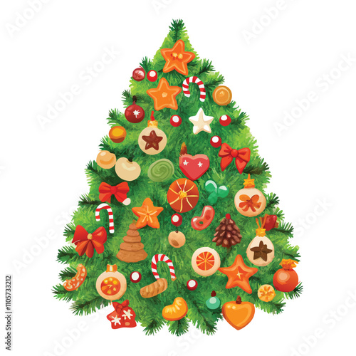 A Christmas tree with many ornaments on it. The tree is green and has a lot of decorations