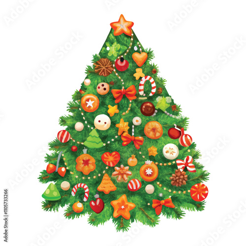 A Christmas tree with many ornaments on it. The tree is green and has a lot of decorations